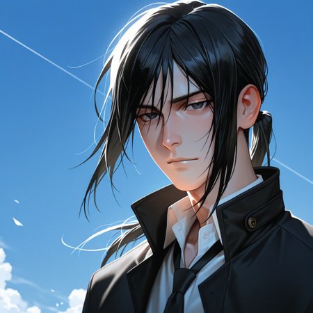 masterpiece, best quality, amazing quality, absurdres, newest, detailed background, definition so sharp, Ultra-HD, 8K cinematic, very awa, impressionate, amazing quality, highres, 
solo, male focus, manly, mature male, bara, day, sunbeam, blue sky,
kurohyatogami, kuroh_black hair, kuroh_black eyes, 1boy, low tied hair, long hair, black coat, high collar, white collared shirt, black tie, 
calm face, looking at viewer, proud, aesthetic,windy,