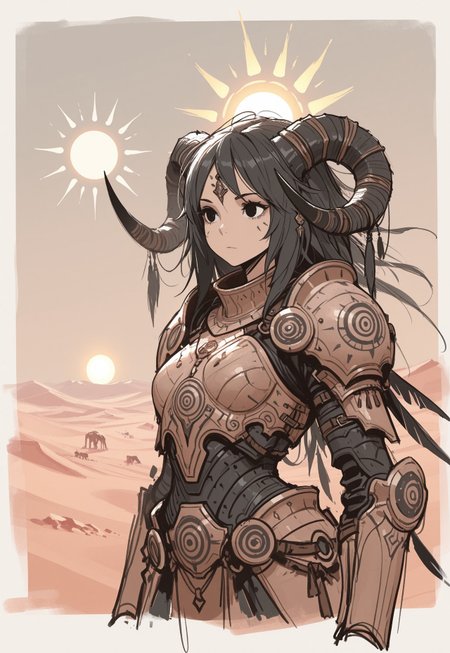 masterpiece, best quality, concept art, sketch, 1girl, armor, black eyes, horns, detailed eyes, solo, sun, desert