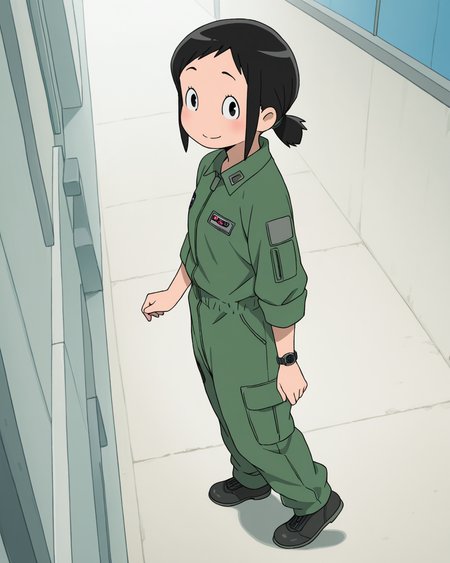 (masterpiece:1.4), (best quality:1.4),  very aesthetic, newest,best quality, amazing quality, absurdres,
amakasu_hisone, 1girl, solo,  blush, short hair, ponytail,  black hair,  black eyes, sidelocks,
smile, standing, full body, looking at viewer,
military uniform, black shoes, jumpsuit,green pants,one wristwatch, 
walking,looking at viewer,indoor,military base,from side
 <lora:hisone:1>