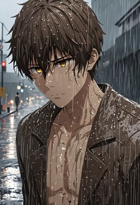 Highres, Masterpiece, High Quality, 4K, 8K, solo, 1Boy, Seiya Kanie, short dark brown hair, golden eyes, footpath, urban, wet, slippery, puddle, heavy rain, overcast, dark, drenched, weak, beaten, looking down, sad, wet hair, withered plants, easynegative, detailed_eye_model