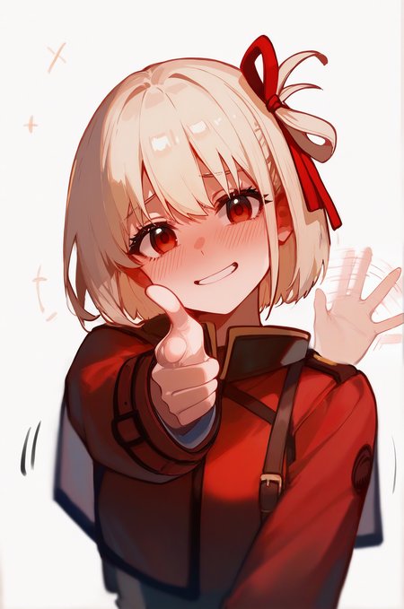 1girl, nishikigi chisato, lycoris recoil, general, pointing at viewer, finger gun, embarrassed, full-face blush, arm at side, upper body, cover, nervous smile, head tilt, straight-on, midair, motion lines, simple background, axsen, ciloranko, masterpiece, best quality, very awa, newest, absurdres, highres, red eyes, (empty eyes:1.5), hand focus, fashion, (waving:1.3), <lora:ponyv5_noobV065S_1_adamW-000013:1.00>
