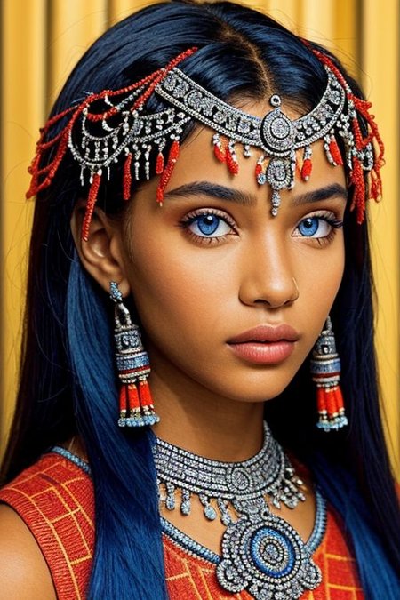 close-up photographic portrait of woman with strikingly vibrant blue-silver eyes. Supe shoulders showing. The face should, intricate, tribal-inspired art, patterns, reminiscent of beadwork and ceremonial embellishments, scheme, rich reds, oranges, blues --ar 2:3