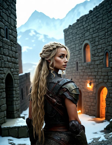 Extreme photorealistic depiction of a beautiful female warrior, long blonde braided hair, looking at viewer,  realistic detailed skin texture, intricate leather armor, high-resolution, cinematic lighting, sharp focus, ultra-realistic, extreme realism, 8k, very detailed, high quality.

A secretive fortress built into the side of a mountain, with narrow paths leading to the entrance. The walls are made of dark stone, and the fortress is heavily fortified with watchtowers and archers’ slits. The air is crisp and cold, with snow-capped peaks in the background.Soft, flickering light from torches, casting warm, uneven light and deep shadows on stone walls.A warm, amber light from a setting sun, casting long, dramatic shadows across the scene.Natural light illuminating an open courtyard, with deep shadows cast by the tall surrounding walls.

The female warrior Standing with her Hands on hips, chin slightly lifted.