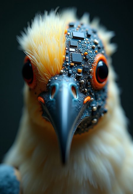 Closeup of a bird's face.  The bird is looking directly into the camera.  Half of the bird's face is exposed electronics. Half of the picture shows what birds are really made of (electronics, computer chips, exposed wires, and circuit boards).