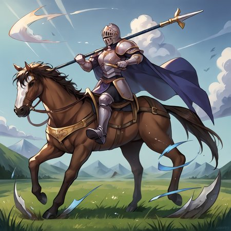 score_9,score_8_up,score_7_up,best quality,masterpiece,super detailed,extreme detailed,full_body,zPDXL BREAK (nature:1.1),(field:1.1),
<lora:Pony_DetailV2.0:1> BREAK 1girl,Cavalier,knight,armor,cape,gloves,helmet,horse,horseback riding,<lora:Cavalier:0.8>,holding spear,charging forward,fighting stance,