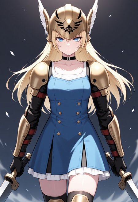 masterpiece, best quality, 32k, high resolution, absurdres, fighter, winged helmet, thighhighs, blue eyes, blonde hair, holding weapon, collarbone, choker, closed mouth, dress, standing