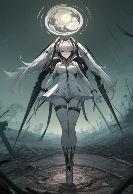 Score_9, Score_8_up, detailed background, night, pov, wasteland ruins, Expressiveh, Character, zPDXL, Laurel, amber eyes, star-shaped irises, white hair, long hair, twintails, Character clothes, headgear, ripped clothes, weapon, orb-blades, gyaru,  clothes, toned, large breasts, puffy nipples, large ass, ass expansion, thick thighs wide hips, wide shot showing female, full body shot, looking at viewer, lustful, posing,