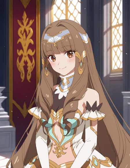 (score_9, score_8_up, score_7_up)
BREAK
elizabeth_olis, 1girl, solo, brown hair, drill sidelocks, very long hair, brown eyes, gown, circlet, hair tubes, high collar, see-through cleavage, elbow gloves, looking at viewer, blush, smile, upper body
BREAK
throne room, column, window, day
<lora:elizabeth_Lv2karaCheat_ponyxl_v01:1>