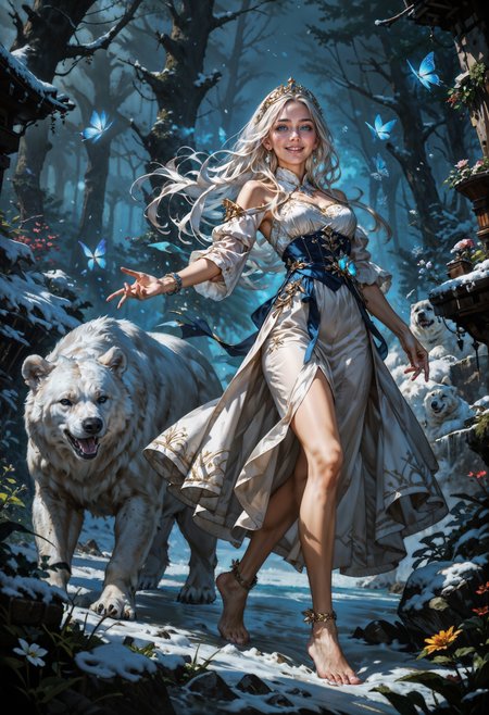 score_9, score_8_up, score_7_up,  masterpiece, intricate, detailed, vibrant colors, BREAK, fantasy, blue and white, dynamic pose, from below, BREAK, elven priestess, beautiful, dainty, white robe, long white hair, dancing, smiling, windy, barefoot, Anklets, glowing blue eyes, BREAK, outside, starry night, enchanted forest, snow, ice, blue glowing butterflies, walking the snowy garden, cute snow slimes, starry night, snowflakes, cute polar bear, cute ice wolf,   <lora:Concept Art DarkSide Style LoRA_Pony XL v6:0.8> concept art, <lora:GwentStyle_v2:0.6> gwentstyle <lora:Expressive_H-000001:0.8> expressiveh