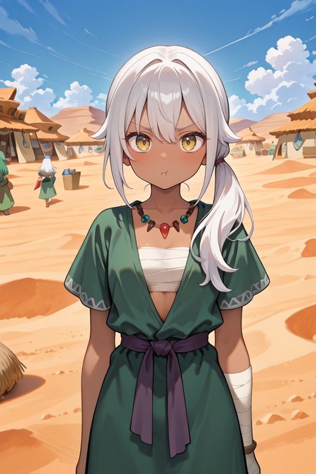masterpiece, very aesthetic, absurdres, best quality, amazing quality, high resolution, newest, very awa, <lora:illustrious_quality_modifiers_masterpieces_v1:0.8> , <lora:ChamIllustriousBackgroundEnhancer:0.5>,  ((solo)),   <lora:AmareusIL:0.8> , amadef, 1girl, dark skin, yellow eyes, long hair, white hair, side ponytail, necklace, sarashi, green tunic, sash, bandaged arm, cowboy shot, exterior, desert, village, bazaar, pout, shopping, looking at viewer blue sky, clouds,