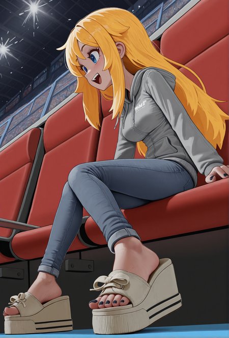 masterpiece, best quality, 
by erica (naze1940), fiz-rot,
1girl, 
from side, low angle, foreshortening,
knees together feet apart,
sitting, stadium seat, 
happy, cheering,
gray collegiate hoodie, 
jeans,
(r4mp4ge sandals), (platform footwear), 
feet, toes, dark blue toenail polish,
(blonde hair), long hair,
cute face, perfect face,
medium breasts,