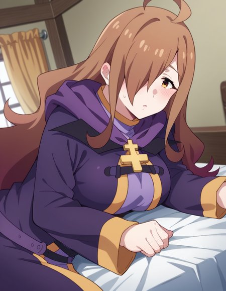 score_9, score_8_up, score_7_up, source_anime,
konosubawiz, <lora:konosuba-wiz-s1s2-ponyxl-lora-nochekaiser:1>,
wiz, ahoge, brown eyes, light brown hair, hair over one eye, long hair, mature female,
cross, dress, hood, hood down, jewelry, latin cross, long dress, long sleeves, purple dress, robe, purple robe,
indoors, bed, bed room, on side, blush, drunk,
looking at viewer, dutch angle, cowboy shot,