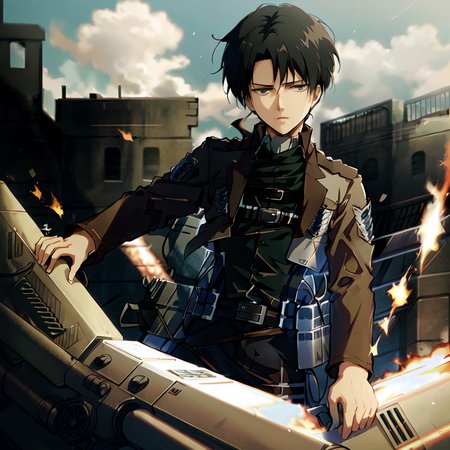 1man,<lora:Levi Ackermann:0.9>,highly detailed,high res, (Levi Ackermann),attack on titan,black hair,solo, outside, detailed eyes, full face, ruins,flames,black smoke,(three-dimensional_maneuver_gear),(blurred_background)