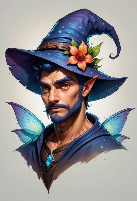 Faded Headshot, faded bottom, faded edges  <lora:FadedHeadshot:0.8>,score_9,score_8_up,score_7_up,score_6_up,score_5_up,score_4_up  male fairy wizard, wizard hat, moonlight gardens, dark shadows, glowing in the dark,  bright colors, high contrast, dark background, vivid lighting, night garden accents, flower details, sketch, watercolor