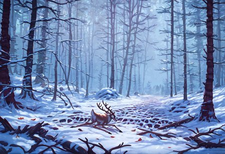 score_9,score_8_up,score_7_up, old forest, skeletal remains of a deer with large antlers in the foreground, dead dry leaves, forest floor, twigs, snow patch, realistic, ultra detail, early winter, FOCUS TREES