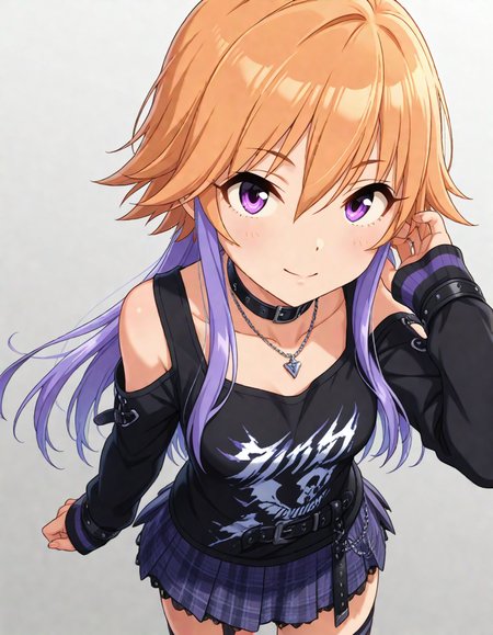 masterpiece,best quality,absurdres,official art,official style,source_anime,anime screencap,anime coloring,
<lora:Hyper-SDXL-8steps-lora:1>,
<lora:Asuka_IL:0.8>,asukachang,1girl, solo,light brown hair, long hair, multicolored hair, purple hair, two-tone hair,purple eyes, 
black shirt, shoulder cutout, bare shoulders, off shoulder, safety pin, collar, jewelry, smile, purple skirt,necklace, choker,  long sleeves, collarbone,miniskirt,  plaid skirt, sleeves past wrists,  hand up, checkered skirt, pleated skirt, sidelocks, thighhighs, bracelet, belt, closed mouth, from above,white background,transparent background,looking at viewer,cowboy shot,