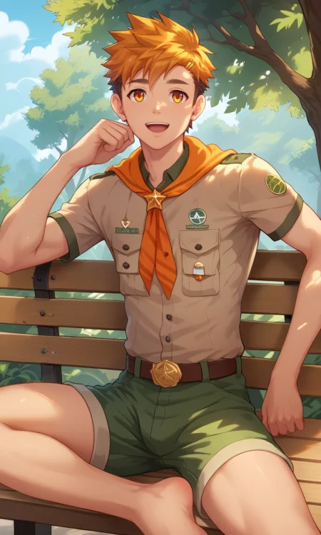 score_9, score_8_up, score_7_up, masterpiece, best quality, lots of details, ((1boy)), Hiro, slim, solo, male focus, open mouth, light smile, brown-gray shirt, green shorts, orange neckerchief, shaded, short sleeves, sitting, on bench, detailed shading, detailed skin, shaded skin, realistic shading, looking at viewer, Expressiveh, countershading:1.1, camp yard, outdoors,  <lora:add-detail-xl:0.7>, <lora:Smooth Anime 2 Style SDXL_LoRA_Pony Diffusion V6 XL:0.8>, <lora:Expressive_H:0.8>, <lora:Hiro_XL_V10_OPT:0.9>
