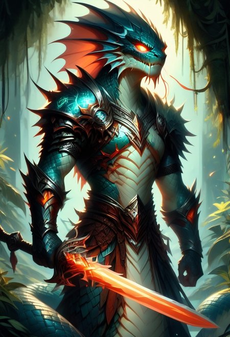 score_9, score_8_up, score_7_up, Naga,  holding a Glowing Rune Sword, glowing rune armor,