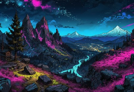 htly, dimly lit spot landscape, Long-exposure astro-photography, (starry ht sky:1.28), irregular shattered luminous star clusters in sky, (stellar background:0.9), (high-resolution) (sharp details:0.85),} vast rocky mountainside, scenic landscape view,  (high resolution:1.22), (crazy colorful scratched doodle style, ((League of Legends:0.75) (Arcane:0.84)), (Jinx:0.3)'s chaotic crazy (toon:1.01) doodles, (macabre:1.14) neon cartoon doodles), (neon cyber steampunk style:1.13), (bright neon colors:1.22), (hot pink:1.28), (electric blue:0.92), (lime green:1.1), (extreme highlighted neon colors:1.16), ((insane:1.24) (crazy:1.24) (chaotic:1) (colorful:1.12), (anarchy:0.97) (chaos:1.03)), (insane doodle graffiti:1.16), overdrawn glowing neon-graffiti doodles overlay, League of legends arcane-style,  , 
(Snow-capped peaks), (alpine meadow wildflowers), (granite cliffs), (evergreen forests), (rugged rock formations) (epic:1.26, (masterpiece:0.96), (RAW:1.11),high definition,  <lora:sdxl\Hyper_Realism_Pony_XL.safetensors:0.85:0.18>  p3,s9