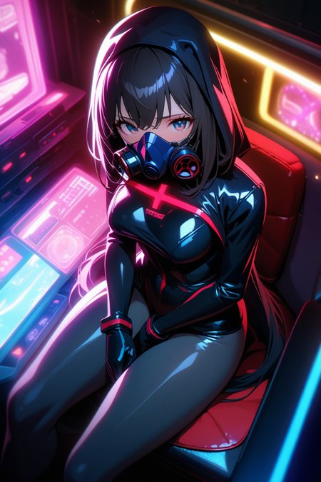 ((girl)), highly detailed, masterpiece, 4k, 8k, intricate detail, cinematic lighting, amazing quality,game cg,  amazing shading, medium breasts, breasts thighs, ultra highres, deep glow effect, hdr, light particles, cinematic lighting, depth of field,full suit, 1girl, solo, nun suit, future, neon lights, neon genesis evangelion, neon hair, thighs, black hair,longtail bob, gas mask, cyber eyewere , <lora:longtail_bob-1.0:0.8>, sit, from above,Cross legs
