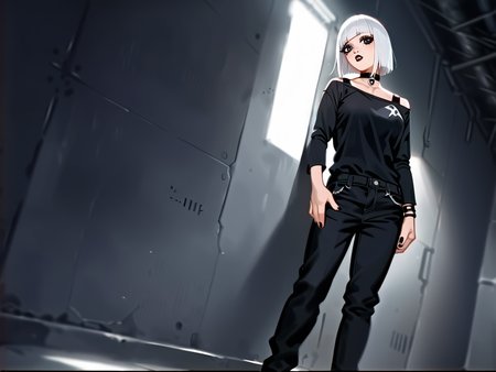 (score_9,score_8_up,score_7_up:1), 1girl, full body,     angle, high lighting, intense stare, (goth, black lipstick, silver jewelry, silver piercings, black mascara, black eyeshadow), teardrop shaped large breasts, (toned), white hair,choker, eyeshadow, (pale scarred skin), (leaning against wall), Asian dusty desert, (black jumpsuit), <lora:Vintage_VHS:1> v1nt4gevhs