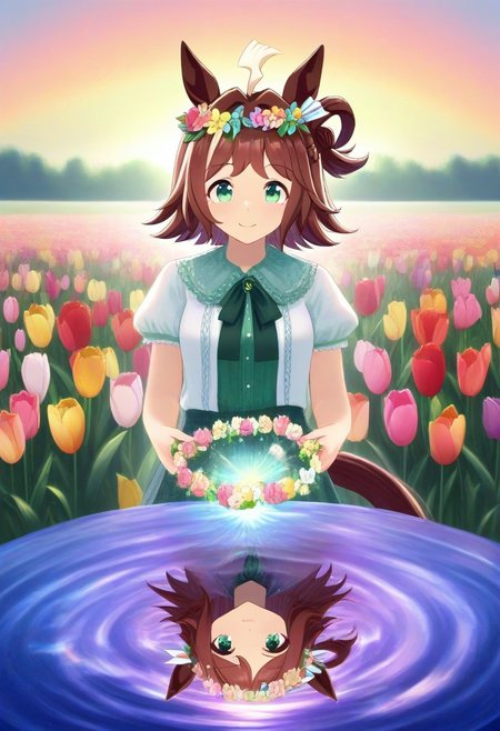 (umamusume, rhein_kraft_(umamusume), horse_ears, horse_girl, tail, 1girl, Tulip, animal_ears,), 
casual, field, flower, flower_field, green_eyes, hair_between_eyes, hair_ornament, 
head_wreath, looking_at_viewer,  solo, , symmetric ,spiralling vortex made of multicoloured tulips,ripples, reflective, jaynl-tm, rainbow, , g0ldsw0rthy,
(realistic, photo,  artistic, medium_hair, one_eye_closed, petals, relaxing,  lush foliage sunrise,  ,  : 0.7)