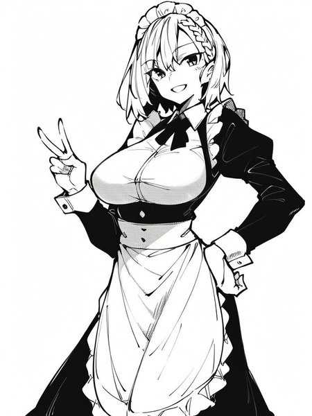 score_9, score_8_up, score_7_up,  
1girl, monochrome, kokonoe moka, white hair, medium hair, braid, large breasts,
standing, white background, smile, v, hand on hip, looking at viewer, maid, maid headdress, long sleeves, long dress, waist apron,