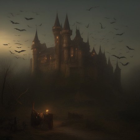 brho, gothic castle setting, implements of torture visible, bats flying.