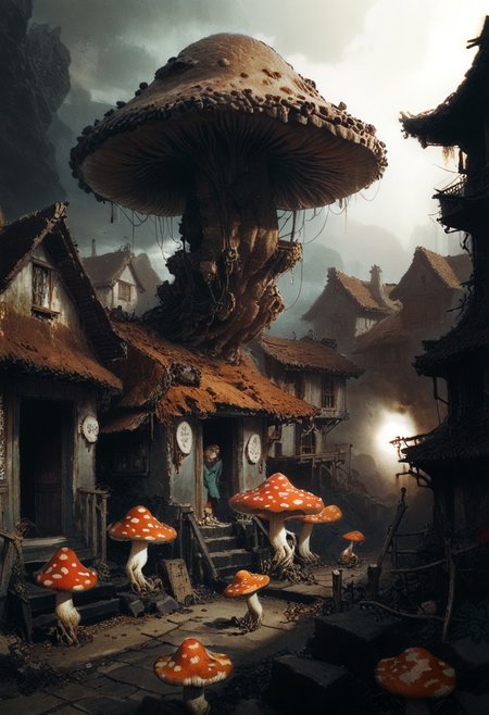 score_9, score_8_up, score_7_up, BREAK, A (giant mushroom monster)++ laughs as a village of elves is destroyed by a nearby cheese volcano, gongbi, great lighting