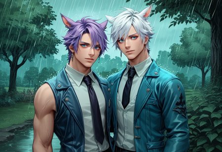 dt_xiv_style, looking at viewer, short hair, blue eyes, shirt, animal ears, jewelry, jacket, purple hair, white hair, male focus, earrings, outdoors, multiple boys, necktie, sleeveless, 2boys, tree, rain, miqo'te, score_9, score_8_up, score_7_up, score_6_up, score_5_up, score_4_up,