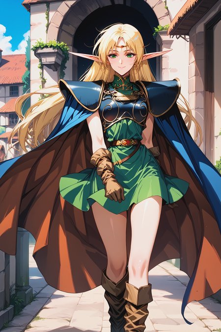 score_9, score_8,  score_7, score_6_up, score_5_up,
deedlit, circlet, shoulder armor, breastplate, green tunic, gold choker, arm_wraps, belt, brown footwear, boots, ruby circlet, gold line filigree decoration, short tunic, short skirt,
1girl, long hair, blonde, elf, navy blue breastplate, navy blue shoulder armor, sleeveless, leather gloves, Cloak, green shirt, brown gloves, two-tone cape, long boots,long cape,
beautiful face, 24 years old,
smile, green eyes,
bangs,
record of lodoss war,
cowboy shot,
medieval village, walking,
<lora:Degen_Deedlit_v1:0.55>,  <lora:TOO_NobuteruYuuki_v3B_PonyXL:0.55>,  <lora:PirotessXLpony001:0.3>,  <lora:Urushihara Satoshi_XL_PONY_V2:0.4>,  <lora:Sinozick_Style_XL_Pony:0.2>,  <lora:DefaultZ17:0.2>,  <lora:style1:0.2>,   <lora:pixivtext2:0.2>,  <lora:flyx3_XL_PONY:0.2>