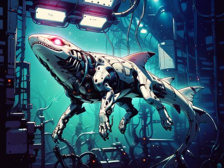 score_9, score_8_up, score_7_up, score_6_up,  <lora:cyb0rgXLP:0.8> cyb0rg, solo, science fiction, cable, mechanical parts, black, feral, full body, glowing eyes, neon lights, shark, underwater,