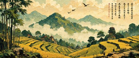 Tranquil rice paddies cascading down mountainsides in ethereal morning light, rendered in traditional xieyi style with spontaneous brushwork. Misty valleys recede into the distance using atmospheric perspective, with faint silhouettes of ancient villages nestled between terraces. Rich green mineral pigments blend with amber and gold tones capturing early autumn harvest. A solitary farmer in traditional attire tends to his field, a small figure emphasizing human harmony with nature. Elegant calligraphy in running script adorns the upper right corner, complementing the composition with poetic balance. Rice paper texture visible with intentional negative space suggesting clouds and divine breath (qi). Bamboo groves frame the scene, their supple forms executed with masterful dry-brush technique. Subtle touches of vermilion accent the distant temple rooftops, while delicate birds soar through the composition, embodying freedom and transcendence according to Taoist principles. <lora:ç»ªå¿ CGé£æ»¤éFLUX:0.5> <lora:Memadukan_Brush_Strokes_of_Fineart:0.7> <lora:RetroAnimeFluxV1:0.5> <lora:RM_Animefy_v1.0M:0.8> <lora:flux_dev:1>