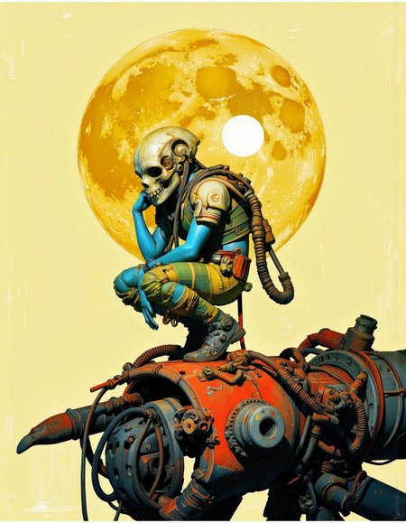 By Passcal Blanché. A digital artwork rendered in a dynamic retro-futuristic style. It depicts a humanoid creature in a crouching position, perched on a mechanical device that resembles a futuristic robot arm or claw. The creature wears a helmet on its head in the form of a large skull with a large protruding jaw and sharp teeth, and covers much of its face. Its skin is a bright blue. The creature's body is adorned with intricate segmented armor plates in shades of green and yellow, giving it a mechanized appearance. 
The creature is connected by a series of cables and pipes to the mechanical device it is perched on. The mechanical device itself is colored in shades of red and orange, with intricate metallic textures and an intricate network of cables and pipes. 
In the background, a large, bright yellow moon dominates the scene, casting a soft, warm light that bathes the entire image in a golden hue. The surface of the moon is textured and cratered, with subtle variations in tone, suggesting that it is a natural celestial body. The sky in the background is a gradient of light yellow, fading to a darker, almost black hue towards the top of the image, creating a sense of depth and perspective. <lora:Pascal_Blanché:0.9>