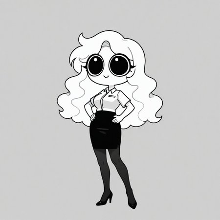 Xiaro, 1girl, solo, monochrome, big eyes, long wavy white hair, white short-sleeved office shirt, black skirt, black pantyhose, black heels
Xiaro smiling with her hands on her hips
 cartoon, simple, minimalist, plain style, voluptuous body