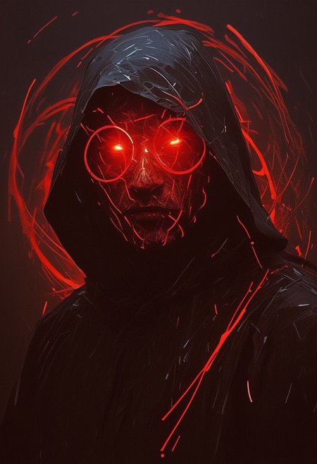 ((((abstract shapes)))), darkness, evening,((contemporary surrealism)), by Caspar David Friedrich, thick brush strokes, a dark hooded figure, wearing a glowing mask, black robes, face obscured, abstract composition, asymmetric, dark, red glow, (streaks), circles, black background, abstract film grain, messy composition, (long exposure) 