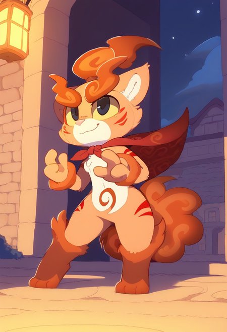 score_9, score_8_up, score_7_up, anthro, male,solo, antropomorphic Torajirō,, komainu, pale-orange fur, brown flame tail,brown  flame ponytail, flames,  cape, sclera,by Backsash,nose,black eyes,four fingers,Japanese temple background,battle position,outdoors,battle