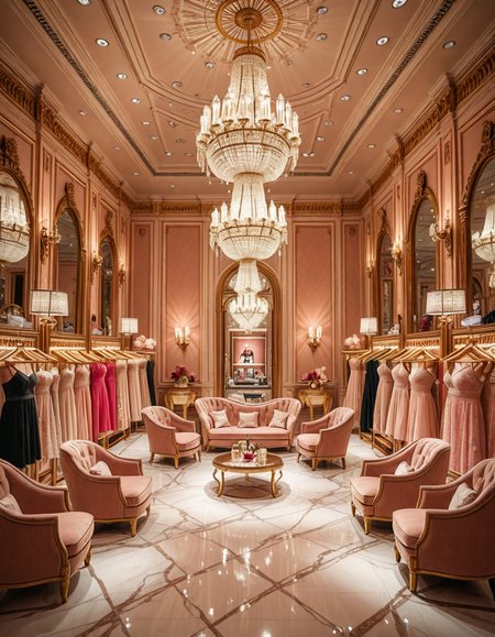 A luxurious high-end lingerie boutique interior, inspired by Victoria's Secret flagship stores. Elegant pink and gold color palette, soft ambient lighting, large crystal chandeliers hanging from the ceiling, velvet armchairs, marble floors, and ornate mirrors. Chic lingerie displayed on golden racks and mannequins wearing lace and satin pieces. The boutique features glamorous wall decor, a plush fitting area, and branded shopping bags. The atmosphere is opulent, feminine, and seductive, with a refined and exclusive design. Wide-angle view, sharp focus, cinematic lighting.
<lora:SDXLFaeTastic2400:0.4> <lora:extremely_detailed:0.4> extremely detailed,high-end lingerie b0ut1qu3 <lora:high-end_lingerie_b0ut1qu3-i:1>, Masterpiece,best quality,hi res,8k,hi res,8k,award winning,(sharp focus, intricate, highly detailed),