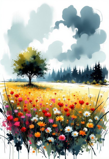 inksketch painting, vibrant field full of wildflowers, a lone single apple tree in the middle of the field, forest in the distant background, storm clouds on the horizon, white translucent faded edges