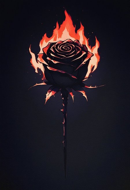 DRKWB, rose, flower, no humans, black flower, fire, black rose, still life, burning, black background, simple background, thorns, gradient, gradient background