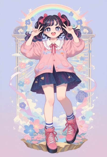 score_9, score_8_up, score_7_up,
masterpiece, best quality, detailed, amazing quality,
detailed background,
detailed eyes, clean eyes, 
dynamic pose, full body, happy,
solo, 1woman, woman,
easynegative, pastel colours, cute