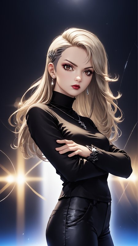<lora:persona5_saeniijima_ponyXL:0.8> saeniijima, 1girl, grey-blonde hair, sidecut, undercut, long hair, medium breasts, makeup, lipstick, hair ornament, brown eyes, black jacket, long sleeves, black sweater, turtleneck sweater, black pants, earrings, necklace, § necklace, crossed arms, from side, looking at viewer, <lora:RealisticAnime:0.8> (ultra realistic, 32k, masterpiece:1.2), (high detailed skin:1.1), (high quality:1.1), bokeh, luminescent background, score 9, score 8 up, score 7 up, score 6 up, score 5 up, score 4 up, BREAK,