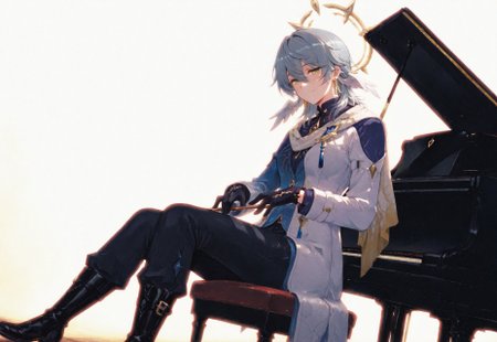 volumetric lighting, ambient occlusion, luminescent background, masterpiece, very awa, simple background,white background,(playing instrument), instrument, piano, sitting, grand piano,low angle, cinematic shot, looking at viewer, gentle smile, cinematic shot
BREAK
honkasund, 1boy, male focus, solo, yellow eyes, grey hair, medium hair, hair between eyes, wings, head wings, halo, jewelry, earrings, shirt, blue shirt, coat, multicolored coat, multicolored clothes, blue and white coat, scarf, brooch, gloves, black gloves, pants, black pants, boots, black footwear
