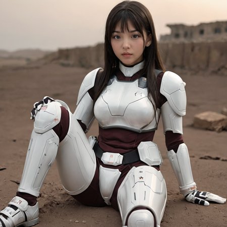 score_9,score_8_up,score_7_up, orgasm face,eyes,shiny oild skin,looking at viewer,sweat,
terraformarsmoviebodysuit, armored bodysuit, black bodysuit, white armor, boobplate, shoulder pads, wrist guards, black gloves, white gloves, utility belt, belt pouch, hip armor, crotch plate, thigh armor, knee pads, shin guards, armored shoes,  rubble, night, Green Desert, sitting, 
 <lora:Terraformars:0.85>
