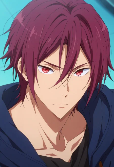 masterpiece, best quality, , anime screencap, anime coloring, , looking at viewer, 1boy, solo, male focus, <lora:rin_matsuoka_ilxl:0.98>, rin_matsuoka, red hair, red eyes, hair between eyes, , ,