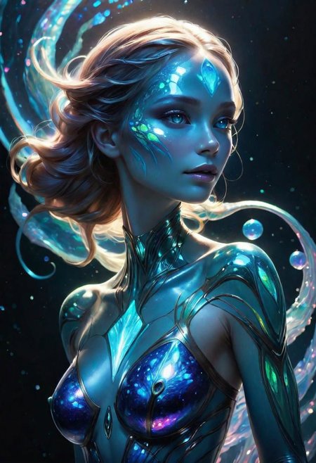 BELLE
an extraterrestrial species whose defining characteristic: bioluminescent skin. Her body and skin shimmers with colors that defy human understanding, a living, breathing canvas of cosmic art., Broken Glass effect, no background, stunning, something that even doesn't exist, mythical being, energy, molecular, textures, iridescent and luminescent scales, breathtaking beauty, pure perfection, divine presence, unforgettable, impressive, breathtaking beauty, Volumetric light, auras, rays, vivid colors reflects, outer space, vanishing point, super highway, high speed, digital render, digital painting, beeple, noah bradley, cyril roland, ross tran, trending on artstation
