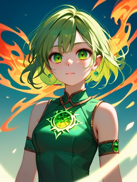 PDXL, <lora:OpalEyesV1Pony:1>, opal_eyes, 1girl, cute face, detailed eyes, short green hair, detailed green eyes, upper body, standing in a fire