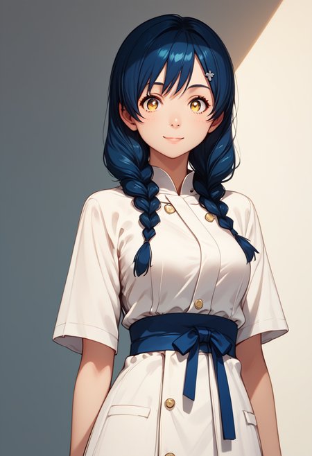 (tadokoro megumi),
score_9, score_8_up, score_7_up,masterpiece, best quality, ultra detailed, 
A picture of a girl, solo, dynamic pose,  dynamic angle, the girl is wearing a cook uniform, light smile, 
A Japanese 1girl has blue hair which was bound into twin braids, yellow eyes and brown pupils, round face, (tender and slender:1.21) body with medium breasts, <lora:TadokoroMegumi_Pony_r1:1>