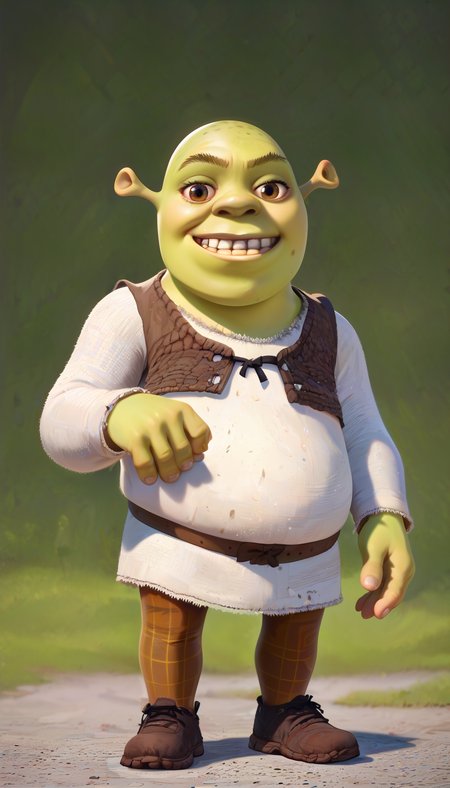 score_9, score_8_up, score_7_up, source_cartoon, smug, grin, looking at viewer, full body, shrek, green skin, 