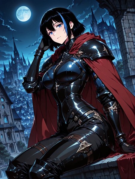 <lora:Cheon_Soyeon__The_Knight_King_Who_Returned_with_a_God__Illustrious:1>
1 girl, solo, black hair, short hair, loose hair, blue hair streak, multicolored hair, streaked hair, bangs, hair between eyes, blue eyes, large breasts
black armored boots, black armored armor, black corset, red cape, gauntlets, black gloves, black pants
zPDXL3, score_9_up, score_8_up, score_7_up, (Anime_source),Masterpiece,(perfect female body:1.2), small waist,(incredibly detailed:1.4), very aesthetic, source_anime, detailed, high quality, beautiful, masterpiece, detailed eyes, castle, village, blurry background, cityscape, night, blue moon, pose dynamic angle, light smile, open mouth, hand on hair, sitting, <lora:iLLMythG0thicL1nes:1> ,  <lora:Eyes_High_Definition:1>